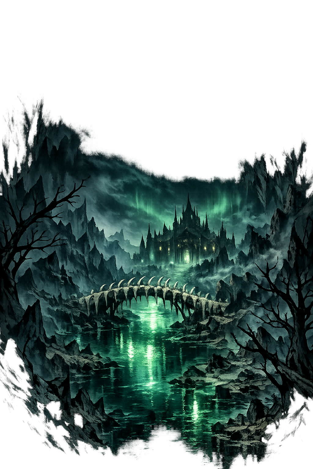 Helheimr — The mist-shrouded realm of the dead, with dark water and pale fog