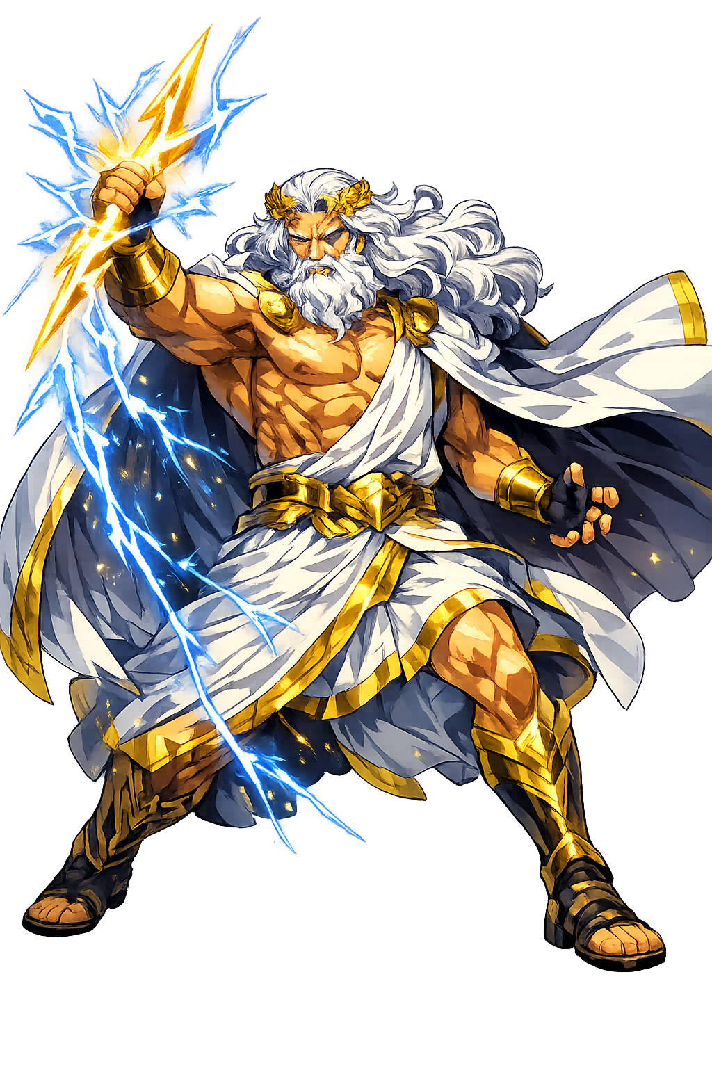 Zeús — King of the Gods, wielding the thunderbolt